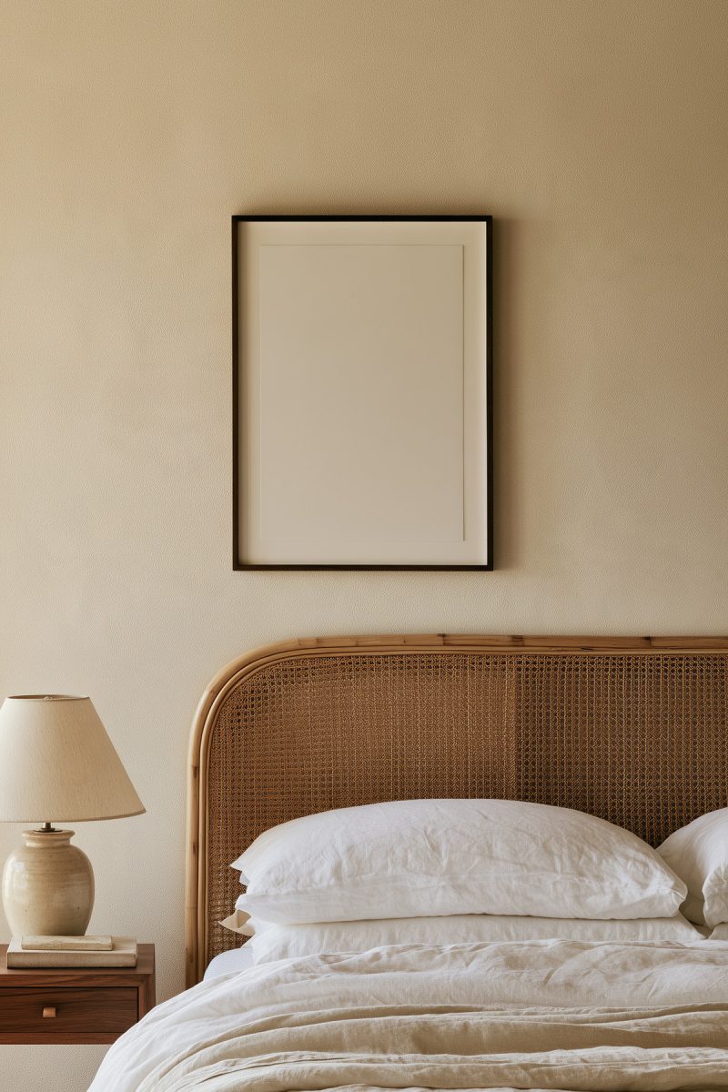 The framed poster above a cane headboard, in a bedroom with linen-colored walls
