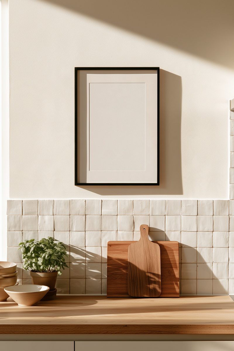 The framed poster on the cream wall of a kitchen, above the oak countertop