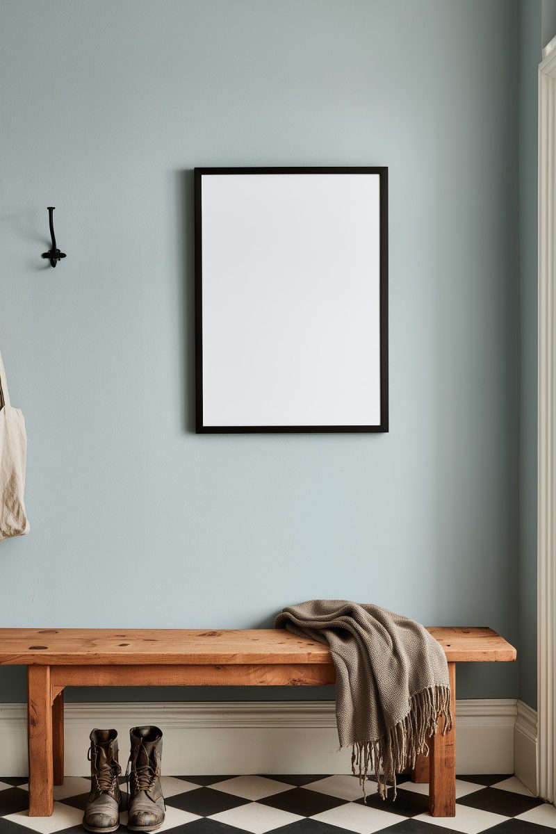 The framed poster on the blue-gray wall of an entryway, above an oak bench