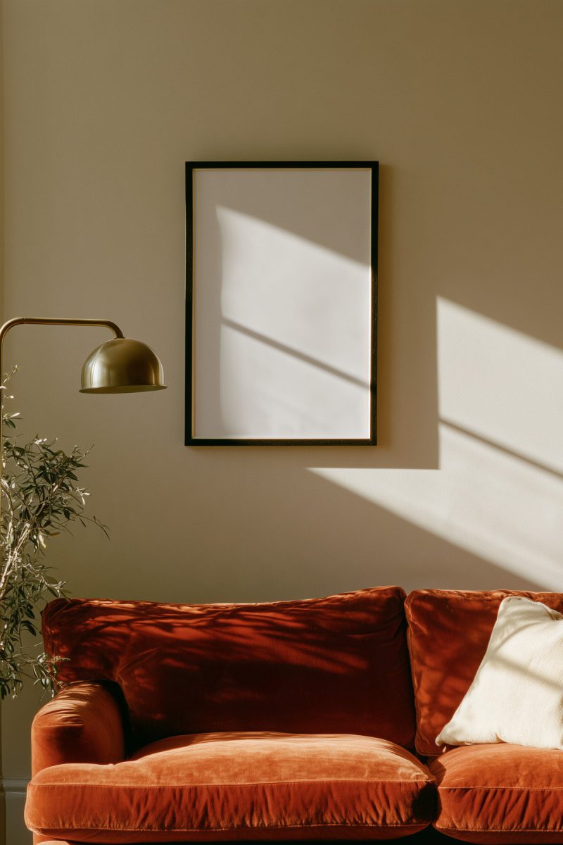 The framed poster on a sand-colored wall, above a rust velvet sofa